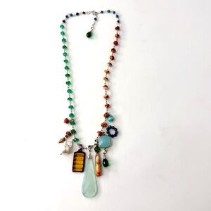 Mixed Gemstone Charm Necklace, Apatite Emerald Spiny Oyster Necklace